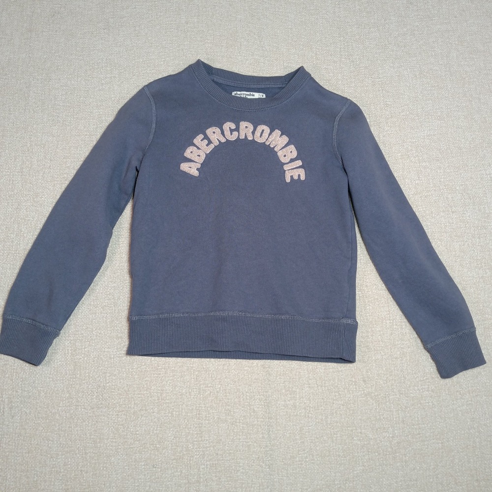 Abercrombie Kids Girls Blue Chenille Logo Fleece Sweater 7/8 Spellout Crewneck